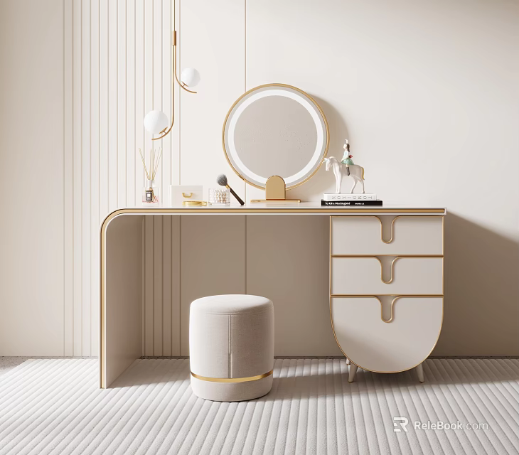 Modern Elegant Dressing Table With Round Lighted Mirror Gold Trim And Beige Stool 3d model 