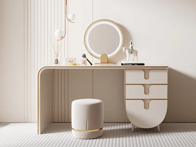 Modern Elegant Dressing Table With Round Lighted Mirror Gold Trim And Beige Stool 3d model