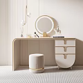 Modern Elegant Dressing Table With Round Lighted Mirror Gold Trim And Beige Stool 3d model
