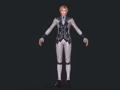 3D Model Of Blonde Male Character In Ornate White Black Attire With Decorative Details 3d model