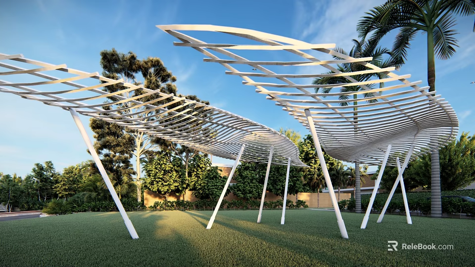 Modern Pergola Design With Unique Curved Structure In Outdoor Garden 3d model 
