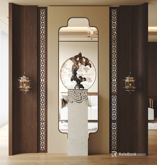 Modern Luxury Foyer Passage With Wooden Screen Circular Decorative Painting Lantern And Mirror 3d model 