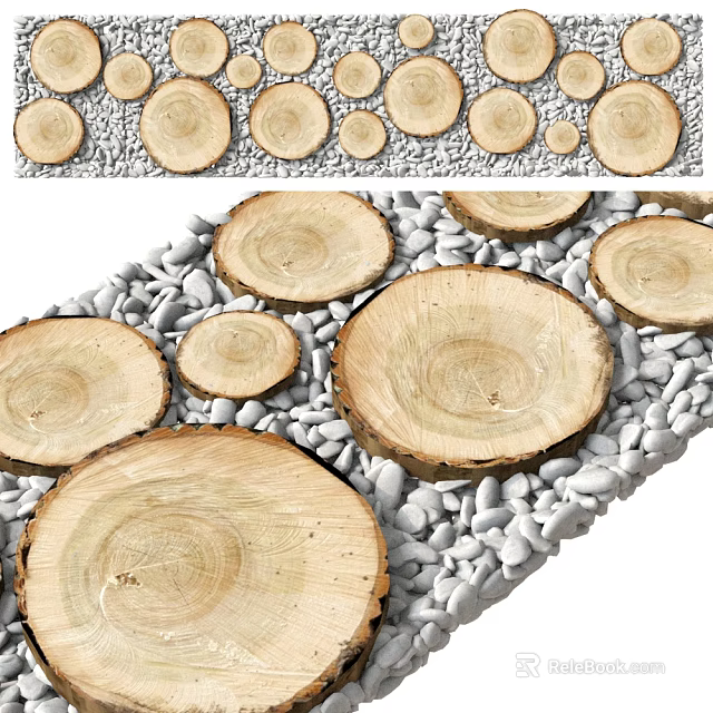Natural Garden Landscape Design With Wooden Log Slices And Pebble Stones 3d model 