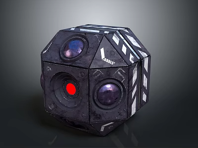 Black Polyhedral Tech Device With Lenses Red Light ANNA Label And Striped Pattern 3d model