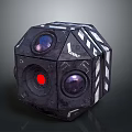 Black Polyhedral Tech Device With Lenses Red Light ANNA Label And Striped Pattern