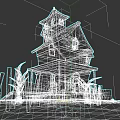 Dark Detached Villa With Tower Lit Windows Ramshackle Fence And Dead Trees