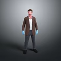 Man Wearing Brown Coat White Shirt Blue Gloves Gray Pants Black Shoes Against Gray Background