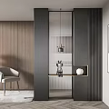 Modern Entryway Hallway Design With Wooden Wall Panels Black Partition Hanging Light And Decorative Shelf