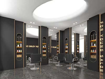 Elegant Hair Salon Interior Design With Black Walls Gold Accents Barber Chairs And Mirrors 3d model