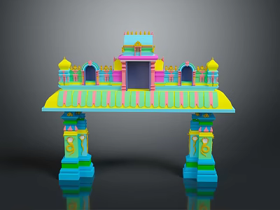 Ornate Colorful Hindu Style Gateway in Landscape with Decorative Top Multicolored Pillars and Reflection 3d model