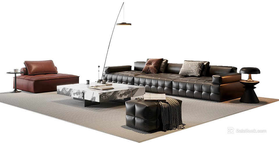 Modern Leather Sofa and Marble Coffee Table Set with Pillows Floor Lamp and Ottoman 3d model 