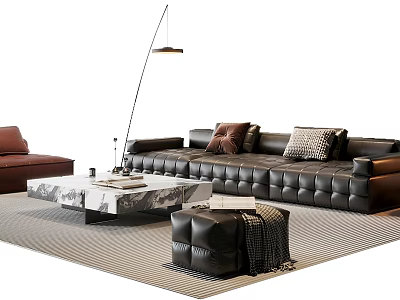 Modern Leather Sofa and Marble Coffee Table Set with Pillows Floor Lamp and Ottoman 3d model