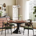 Vintage Round Dining Table Set With Floral Upholstered Chairs For Cozy Bright Home Dining Space