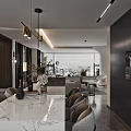 Modern Living and Dining Area with Sofa Coffee Table Fireplace Decorative Rug and Dining Set