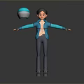 Animated Character In Blue Jacket Dark Pants Gray Shoes With Blue White Helmet