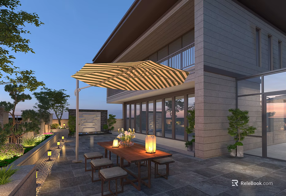 Outdoor Garden Landscape with Modern Building Patio Striped Parasol Wooden Table Lanterns and Green Plants 3d model 