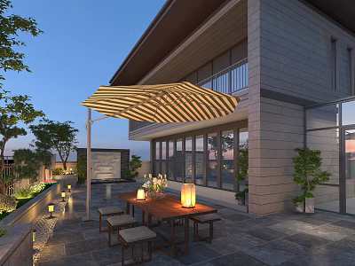 Outdoor Garden Landscape with Modern Building Patio Striped Parasol Wooden Table Lanterns and Green Plants 3d model