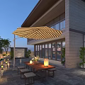 Outdoor Garden Landscape with Modern Building Patio Striped Parasol Wooden Table Lanterns and Green Plants