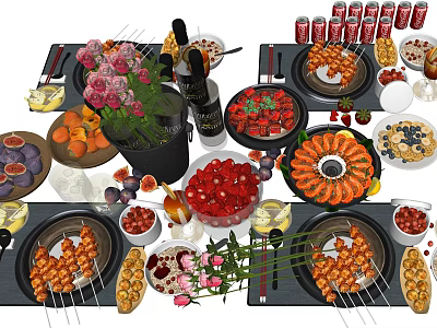Assorted Grilled Skewers Fresh Fruit Platters Strawberries Blueberries And Cola Cans 3d model