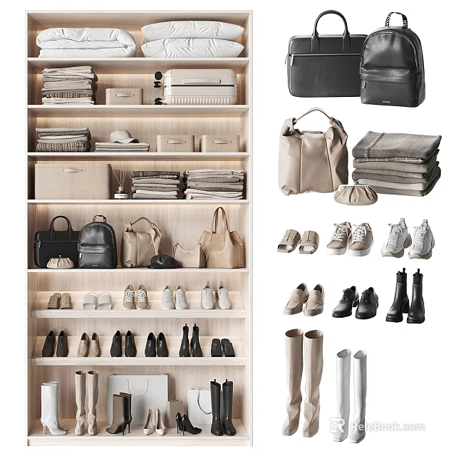 Various Styles of Shoes Displayed on Wooden Shelves with Bags and Accessories 3d model 