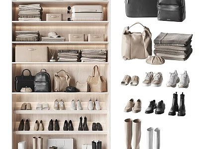 Various Styles of Shoes Displayed on Wooden Shelves with Bags and Accessories 3d model