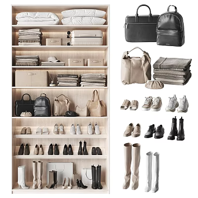 Various Styles of Shoes Displayed on Wooden Shelves with Bags and Accessories 3d model