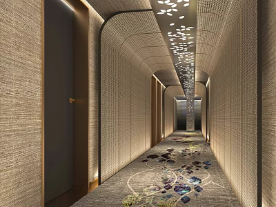 Elegant Hotel Corridor Interior Design With Textured Walls And Patterned Carpet 3d model