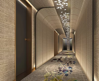 Elegant Hotel Corridor Interior Design With Textured Walls And Patterned Carpet 3d model
