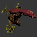 Handcrafted Wooden Cane With Red Squirrel Decoration On Top And Small Green Leaves Vines