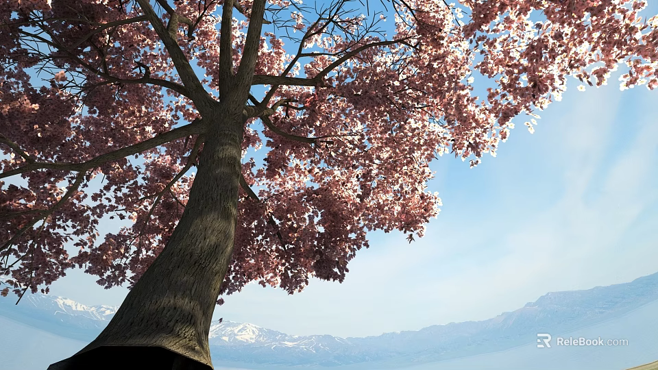 Tall Arbor With Pink Blossoms Under Blue Sky And Snowy Mountains 3d model 