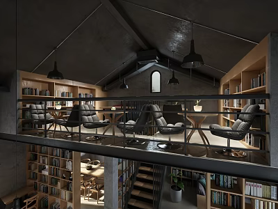 Book Art Design For Industrial Library With Mezzanine And Chairs 3d model