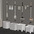 Wall Mounted Cleaning Tools And White Mop Buckets With Storage Shelves 3d model