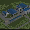 Modern Industrial Factory Complex With Blue Roofs Surrounding Trees And Access Roads
