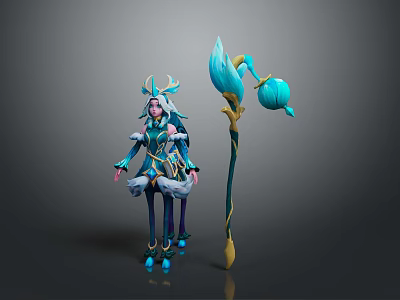 Elegant Woman in Teal Outfit with Horned Headdress and Large Floral Shaped Staff 3d model