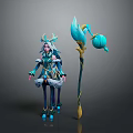 Elegant Woman in Teal Outfit with Horned Headdress and Large Floral Shaped Staff
