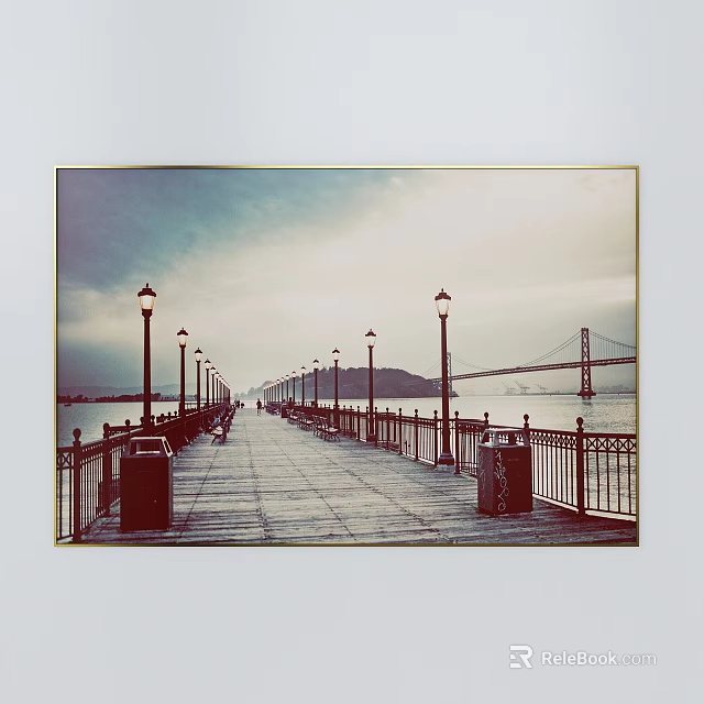 Scenic Boardwalk With Street Lamps Railings and Distant Bridge Over Waterfront 3d model 