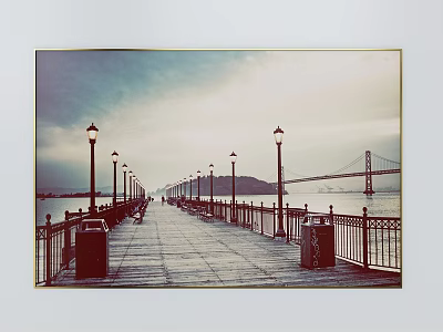 Scenic Boardwalk With Street Lamps Railings and Distant Bridge Over Waterfront 3d model