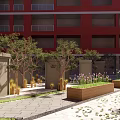 Modern Architectural Courtyard With Red Buildings Sculpture Water Ponds Green Lawn And Paved Ground