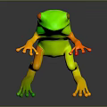 Green Frog Standing With Yellow Eyes And Stretched Limbs On Dark Surface With Reflection