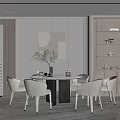 Modern Restaurant Interior With Round Dining Table White Chairs Mirror And Decorative Shelves