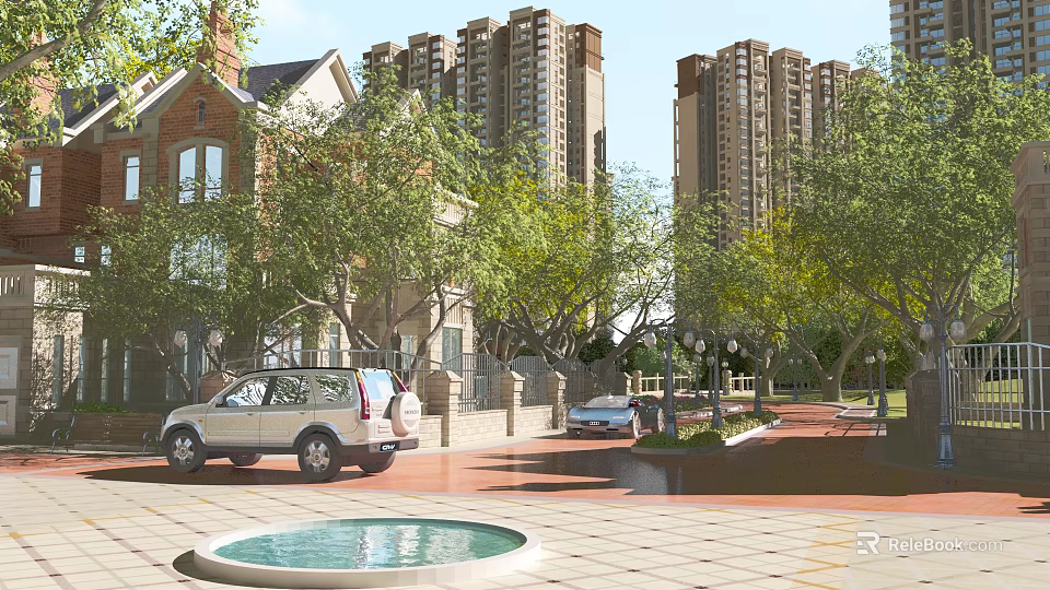 Residential Landscape With High Rise Buildings Low Rise Houses Green Trees Paved Pathway And Fountain 3d model 