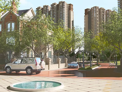 Residential Landscape With High Rise Buildings Low Rise Houses Green Trees Paved Pathway And Fountain 3d model
