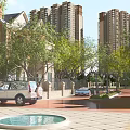 Residential Landscape With High Rise Buildings Low Rise Houses Green Trees Paved Pathway And Fountain