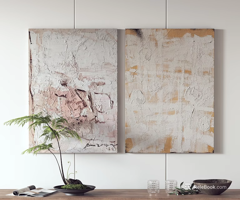 Abstract Paintings Hanging On Wall With Green Plant And Decorative Elements 3d model