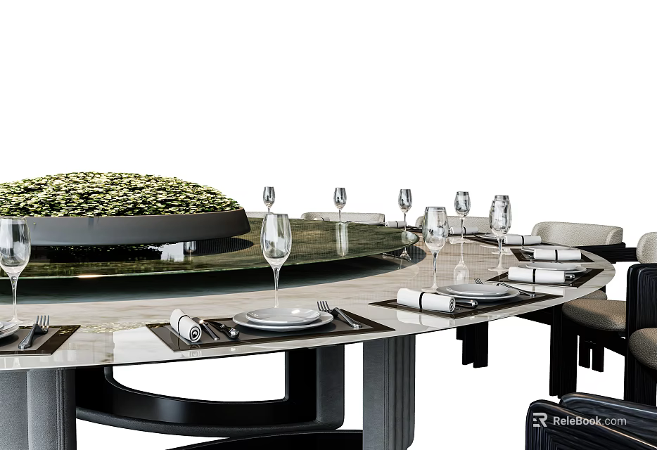 Elegant Modern Round Dining Table Set With Marble Tabletop Wine Glasses And Chairs 3d model