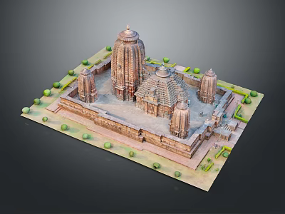 Ancient Stone Temple Structure With Central Tower And Surrounding Towers On Platform With Green Plants 3d model