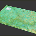 Detailed 3D Terrain Model With Green Mountain Ranges River And White Marker