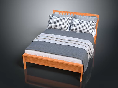 Double Bed With Wooden Frame Slatted Headboard Two Checkered Pillows And Gray Striped Comforter 3d model