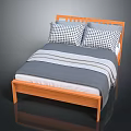 Double Bed With Wooden Frame Slatted Headboard Two Checkered Pillows And Gray Striped Comforter