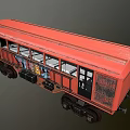 Red Vintage Train Carriage With Graffiti Windows And Black Wheels Design